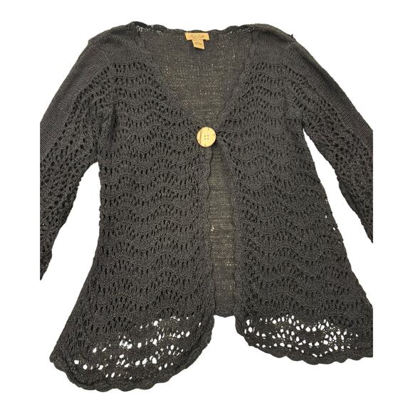 Peck & Peck Cardigan Sweater Women’s Small Black Open Knit Y2K Style One Button - Picture 2 of 8